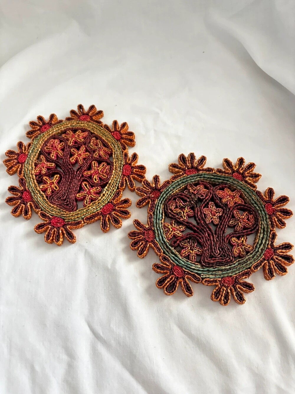Woven Straw Tree of Life Trivets Set of 2 Boho Folk Art